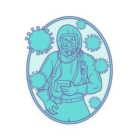 Mono line style illustration of a doctor or medical worker wearing protective or haz chem suit with coronavirus cell floating set inside oval shape on isolated background. Mono line style illustration of a doctor or medical worker wearing protective or haz chem suit with coronavirus cell floating set inside oval shape on isolated background.