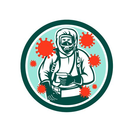 Illustration of a doctor or medical worker in protective or hazchem suit viewed from front with coronavirus or covid-19 floating set inside circle on isolated background done in retro style. Illustration of a doctor or medical worker in protective or hazchem suit viewed from front with coronavirus or covid-19 floating set inside circle on isolated background done in retro style.