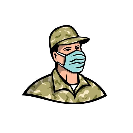 Mascot icon illustration of bust of a soldier, military serviceman, personnel or essential worker wearing a PPE, protective personal equipment face surgical mask on isolated background in retro style.のイラスト素材