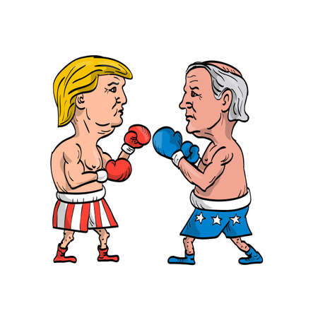 May 4, 2020, AUCKLAND, NEW ZEALAND: Cartoon illustration of American presidential candidate for 2020 US election, Democrat Joe Biden and Republican Donald Trump as boxers with boxing gloves fighting.のeditorial素材