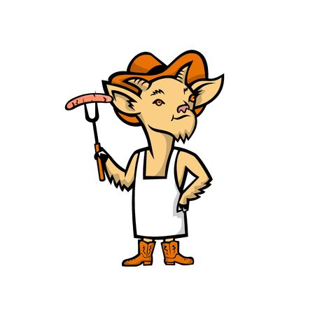Mascot icon illustration of a Billy goat who is a barbecue or bbq chef holding a sausage and wearing cowboy hat, boots and apron standing viewed from front on isolated background in retro style.のイラスト素材