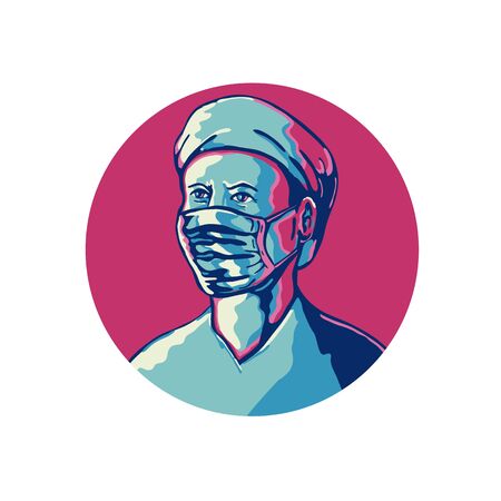 Retro WPA illustration of a nurse, medical professional, healthcare or front-line worker wearing surgical mask and cap set in circle  done in works project administration or federal art project style.のイラスト素材
