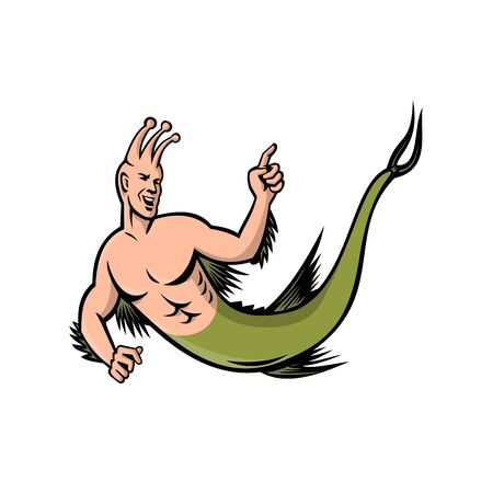 Mascot icon illustration of a sea monkey pointing viewed from side on isolated background in retro style.のイラスト素材