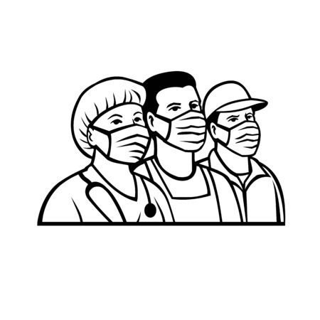Mascot illustration of front line or essential worker like nurse, delivery, transportation, pharmacy, police, fire, postal, agriculture, EMS,  hospice workers wearing surgical mask in black and white.のイラスト素材