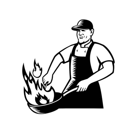 Black and White illustration of a cook or chef cooking with flaming pan or wok viewed from front on isolated background in retro style.のイラスト素材