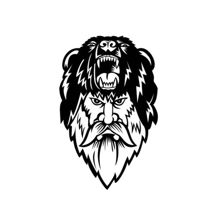 Black and White illustration of head of a berserker or bear warrior wearing bear skin viewed from front  on isolated background in retro style.のイラスト素材