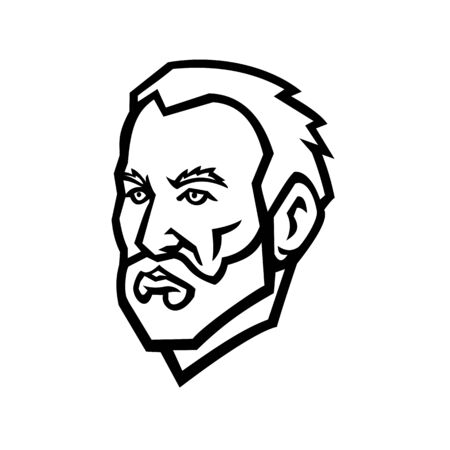 Mascot illustration of head of Vincent Willem van Gogh, a Dutch post-impressionist painter viewed from   front on isolated background in retro black and white style.のイラスト素材
