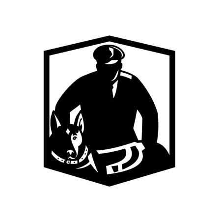 Illustration of a Canine Security Guard policeman police officer with police dog with facing front set inside shield crest on isolated background done in retro badge Black and White style.のイラスト素材