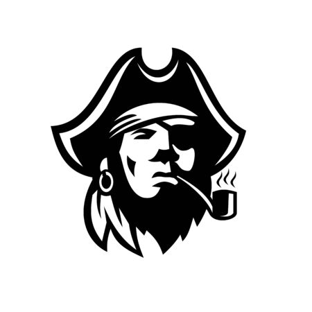 Retro Black and White style illustration of a Buccaneer or pirate with eye patch and tricorne hat Smoking Pipe viewed from front on isolated background.のイラスト素材