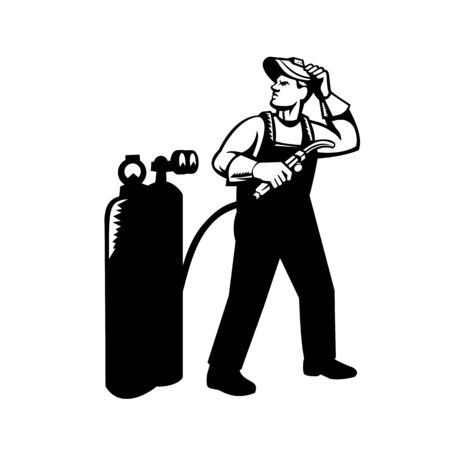 Illustration of welder worker standing with visor up looking to the side holding welding torch with acetylene cylinder viewed from front on isolated background done in retro Black and White style.のイラスト素材