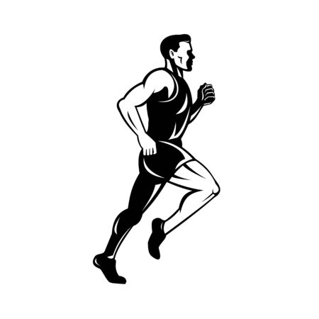 Retro style illustration of a silhouette of a marathon runner running viewed from side done in black and white.のイラスト素材
