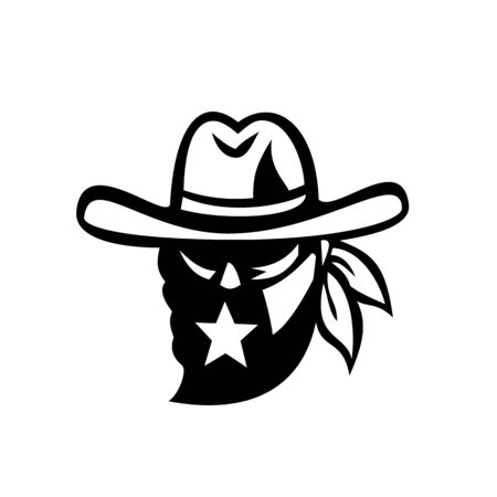 Retro style Black and White illustration of a Texan outlaw or bandit wearing face mask bandana with Texas Lone Star flag on isolated background.のイラスト素材