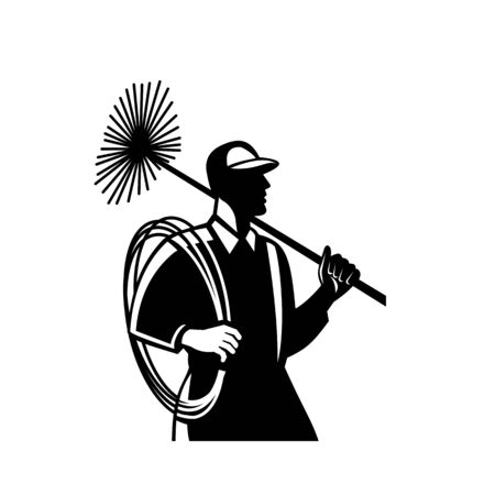 Illustration of a chimney sweeper cleaner worker with sweep broom viewed from side set on isolated white background done in retro Black and White style.のイラスト素材