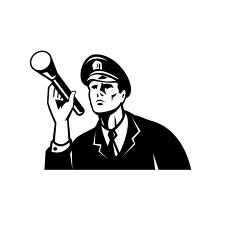 Illustration of a law enforcement police officer policeman security guard holding a flashlight or torch set inside circle done in retro Black and White style on isolated white background.のイラスト素材