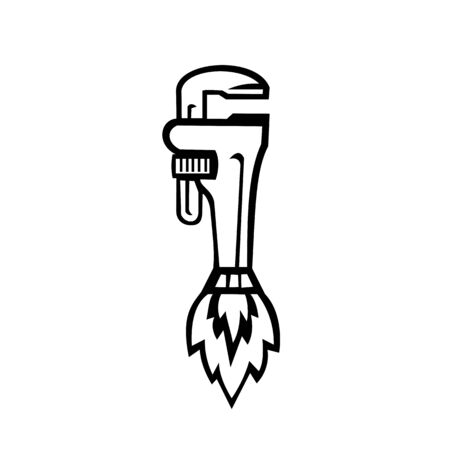 Black and White Illustration of a pipe wrench rocket booster set on isolated white background viewed from the side done in retro style.のイラスト素材