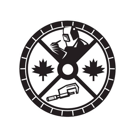Illustration of a Canadian welder welding, caliper and maple leaf set inside circle done in retro style.のイラスト素材