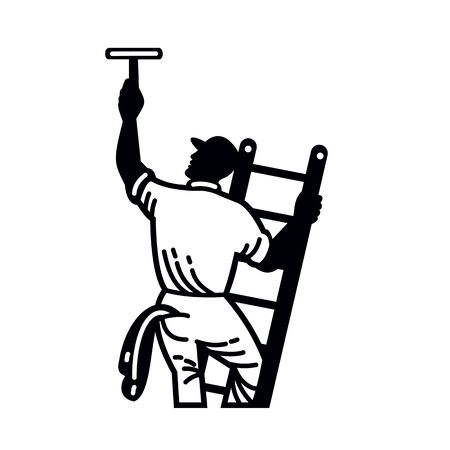 Illustration of a window cleaner worker cleaning on ladder with squeegee viewed from rear on isolated white background done in retro Black and White style.のイラスト素材
