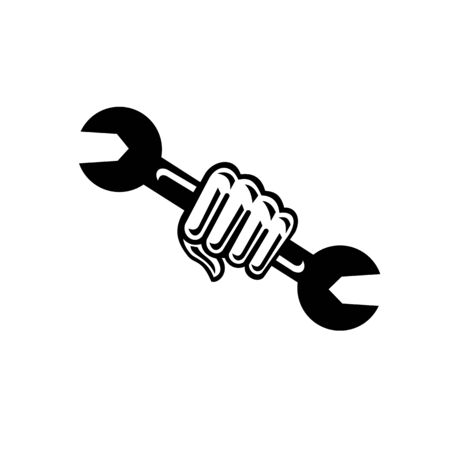 Black and White Illustration of a mechanic hand holding spanner wrench punching from front on isolated background done in retro style.のイラスト素材