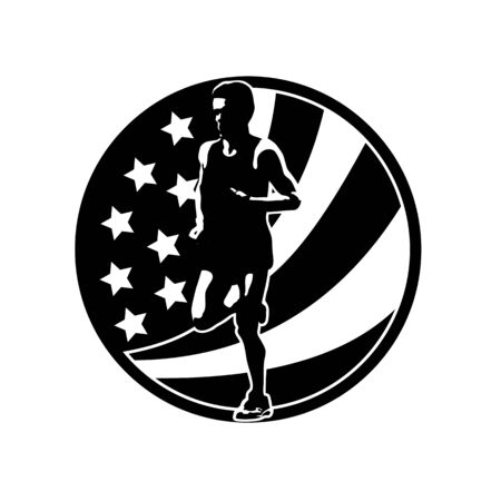 Retro style illustration of a silhouette of an American marathon runner running with USA stars and stripes set in circle viewed from front done in full color.のイラスト素材