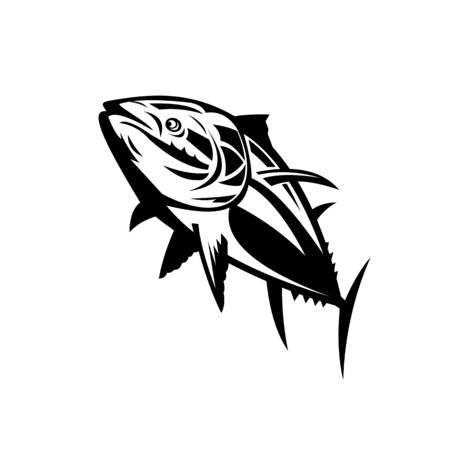 Retro style illustration of a Atlantic bluefin tuna, Thunnus thynnus, northern bluefin tuna, giant bluefin tuna or tunny, swimming up done in black and white on isolated background.のイラスト素材