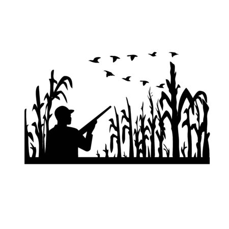 Retro black and white style illustration of a silhouette duck or bird hunter with rifle in flooded cornfield with corn stalks on isolated white background.のイラスト素材
