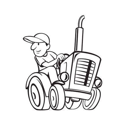 Black and white cartoon style illustration of farmer or gardener riding and driving a vintage farm tractor on isolated background.のイラスト素材