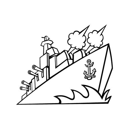 Mascot icon illustration of an American destroyer, warship or battleship with cannons firing viewed from a low angle on isolated background in retro black and white style.のイラスト素材