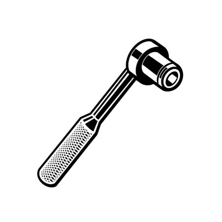 Black and white retro style illustration of a torque ratchet wrench on isolated background.のイラスト素材