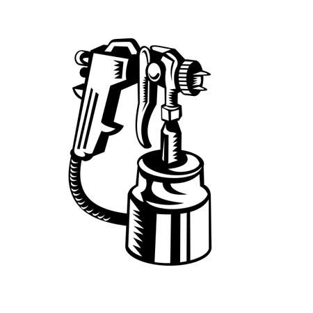 Retro black and white style illustration of a vintage heavy duty multi-purpose air paint spray gun on isolated background.のイラスト素材
