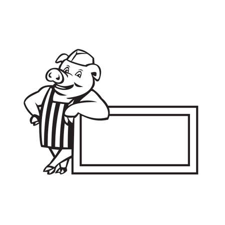 Black and white illustration of a butcher pig standing leaning on a rectangle sign facing front set  on isolated white background done in cartoon style.のイラスト素材