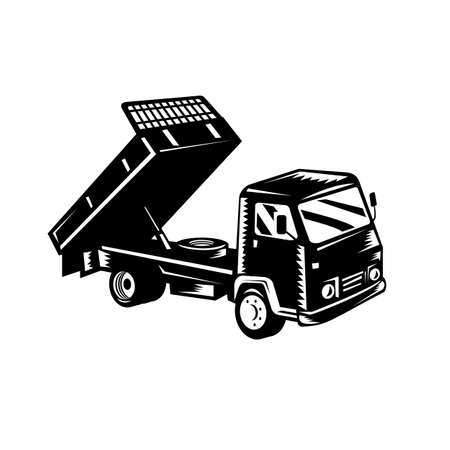 Retro woodcut black and white style illustration of a dump truck, known also as a dumper truck or tipper truck viewed from a high angle on side in isolated white background.のイラスト素材