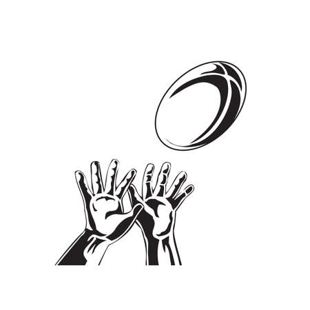 Black and white illustration of rugby union player hand catching pigskin or rugby ball from line-out on isolated white background done in retro style.のイラスト素材