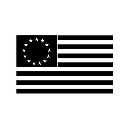 Black and white illustration of a the Betsy Ross flag, an early design of United States flag with 13 alternating red-and-white stripes with stars in upper left corner canton on isolated background.のイラスト素材