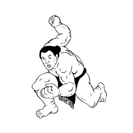 Ukiyo-e or ukiyo style illustration of a professional sumo wrestler or rikishi in fighting stance viewed from front on isolated background done in black and white.のイラスト素材