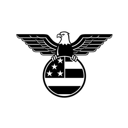 Mascot illustration of a bald eagle with wings spread clutching American or United States stars and stripes star spangled banner flag in circle viewed from front on isolated background in retro style.のイラスト素材
