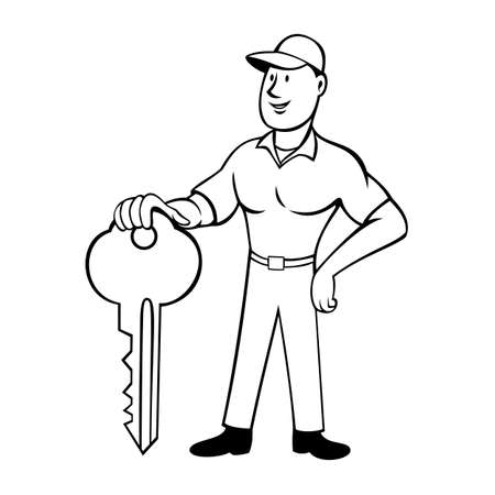 Cartoon style illustration of a locksmith or keymaker standing and holding a key viewed from front on isolated background done in black and white.のイラスト素材