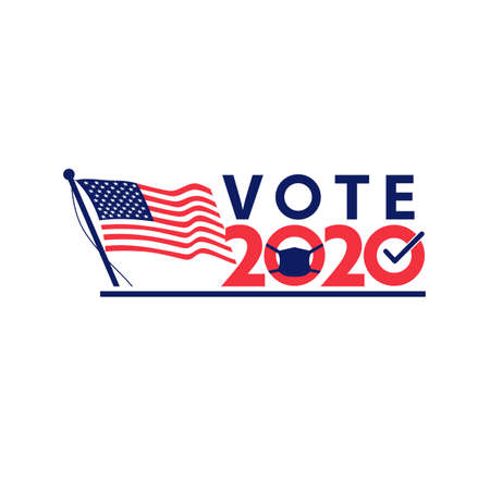 Retro style illustration of an American stars and stripes flag with words vote 2020 with letter "O" wearing a face mask or face covering during coronovirus covid-19 pandemic United States election.のイラスト素材