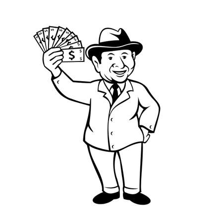 Cartoon style illustration of a vintage businessman with a wad of dollar bill, notes or money, wearing fedora hat smiling standing viewed from front on isolated background done in black and white.のイラスト素材