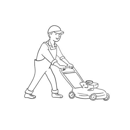Cartoon style illustration of a gardener mowing lawn with lawnmower or lawn mower viewed from side on isolated background.のイラスト素材