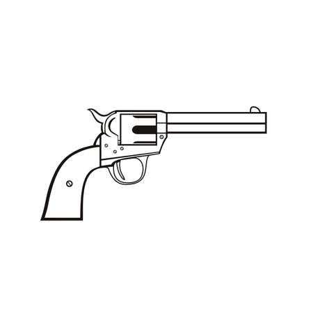 Stencil illustration of colt single action revolver or a wheel gun, a repeating handgun with a revolving cylinder containing multiple chambers and one barrel for firing in black and white retro style.のイラスト素材