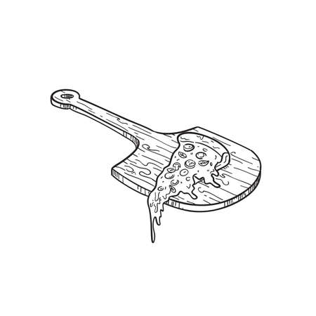 Black and white drawing sketch style illustration of a wooden pizza paddle board or peel with pizza slice and melting or melted cheese viewed from a high angle on isolated background.のイラスト素材