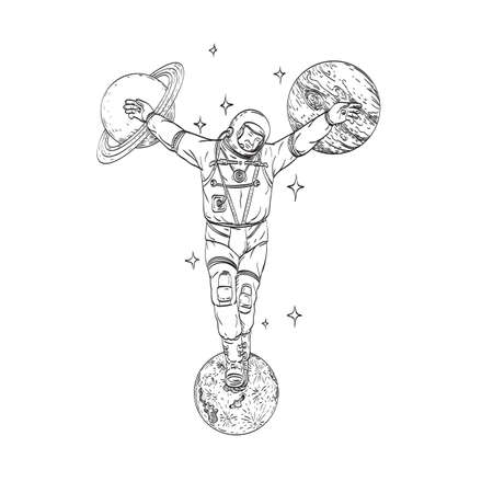 Line art drawing illustration of an astronaut or cosmonaut wearing spacesuit crucified on planet Saturn, Jupiter and the moon with stars in background done in monoline tattoo style black and white.のイラスト素材