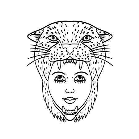 Tattoo style illustration of head of an Amazon warrior wearing a jaguar headdress viewed from front done in black and white.のイラスト素材