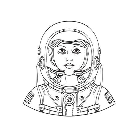 Tattoo style illustration of bust of a female astronaut wearing a space helmet and spacesuit viewed from front done in black and white.のイラスト素材