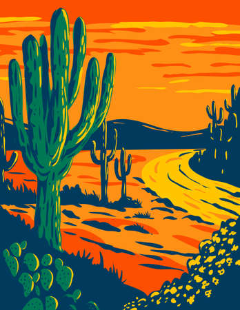 WPA poster art of the Saguaro, Carnegiea gigantea, a tree-like cactus genus at dusk in Saguaro National Park in Tucson, Arizona done in works project administration or federal art project style.のイラスト素材