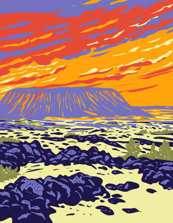 WPA Poster Art of Amboy Crater, an extinct cinder cone volcano in Mojave Desert within Mojave Trails National Monument California in works project administration style or federal art project style.のイラスト素材