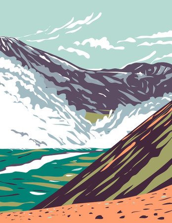 WPA Poster Art of Valley of Ten Thousand Smokes located in Katmai National Park and Preserve filled with ash flow from the eruption of Novarupta in Alaska done in works project administration style.のイラスト素材