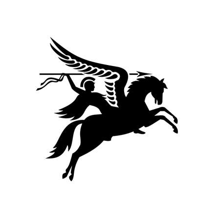 Military badge illustration of Parachute Regiment Airborne Forces showing an English or British knight or warrior riding a winged horse or Pegasus with a lance or spear in black and white retro style.のイラスト素材