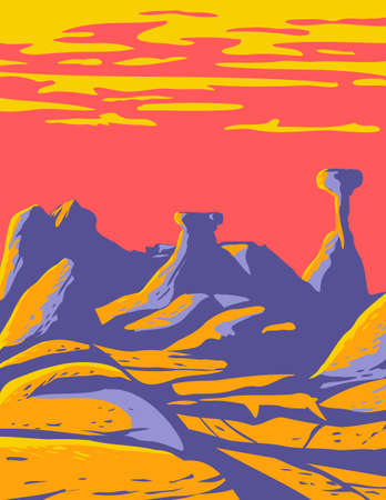 WPA poster art of toadstools at the Grand Staircase-Escalante National Monument located in southern Utah, United States done in works project administration style or federal art project style.のイラスト素材