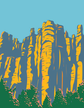 WPA poster art of hoodoos in the Chiricahua Mountains located in Chiricahua National Monument in Arizona, United States done in works project administration style or federal art project style.のイラスト素材
